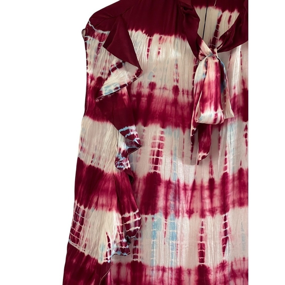 Sandro Silk Tie Dye Ruffle Blouse Womens 3 L Burgundy White Sleeveless Excellent - Picture 16 of 16